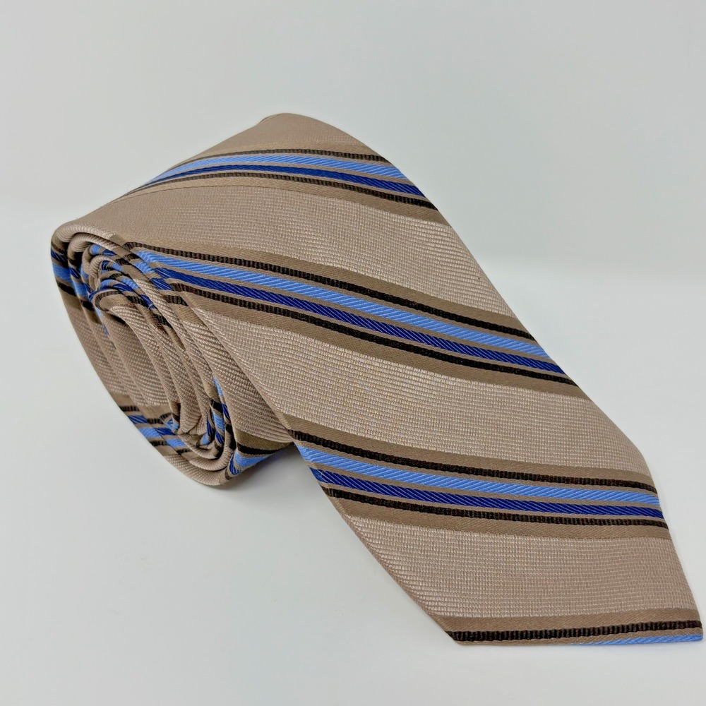 JOS A BANK Heritage Collection Tan Blue Black Stripe 100% Silk Necktie